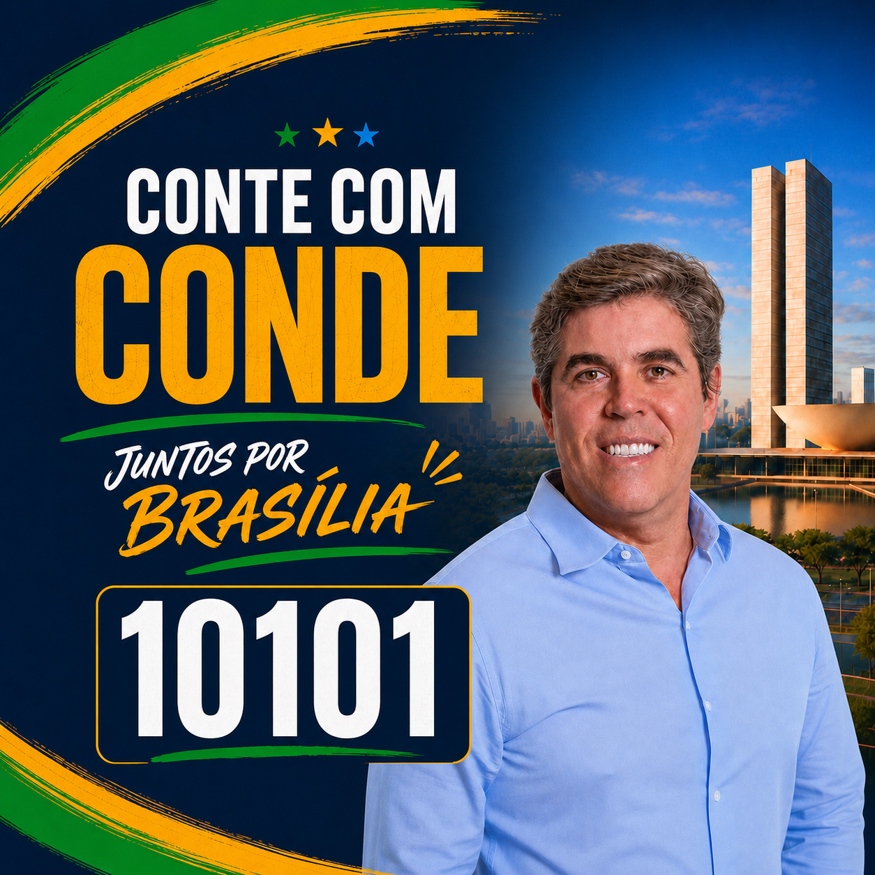 Arte de campanha Conte com Conde: Daniel, Brasília ao fundo e número 10101, nas cores azul, verde e amarelo